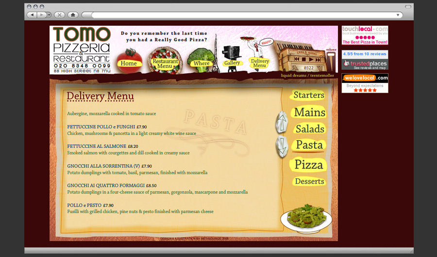Tomo Flash Site Delivery menu page