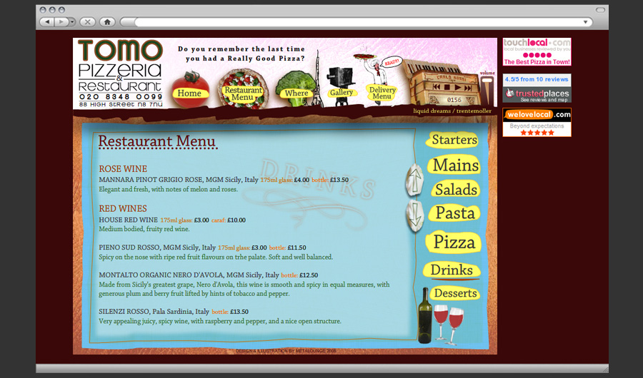 Tomo Flash Site Restaurant menu page